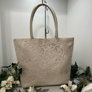 NWOT Nordstrom Tote Bag Women's Large Cream Faux Leather Laser Cutout Lined